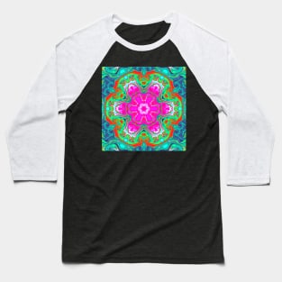 Psychedelic Mandala Flower Blue Pink Green and Red Baseball T-Shirt